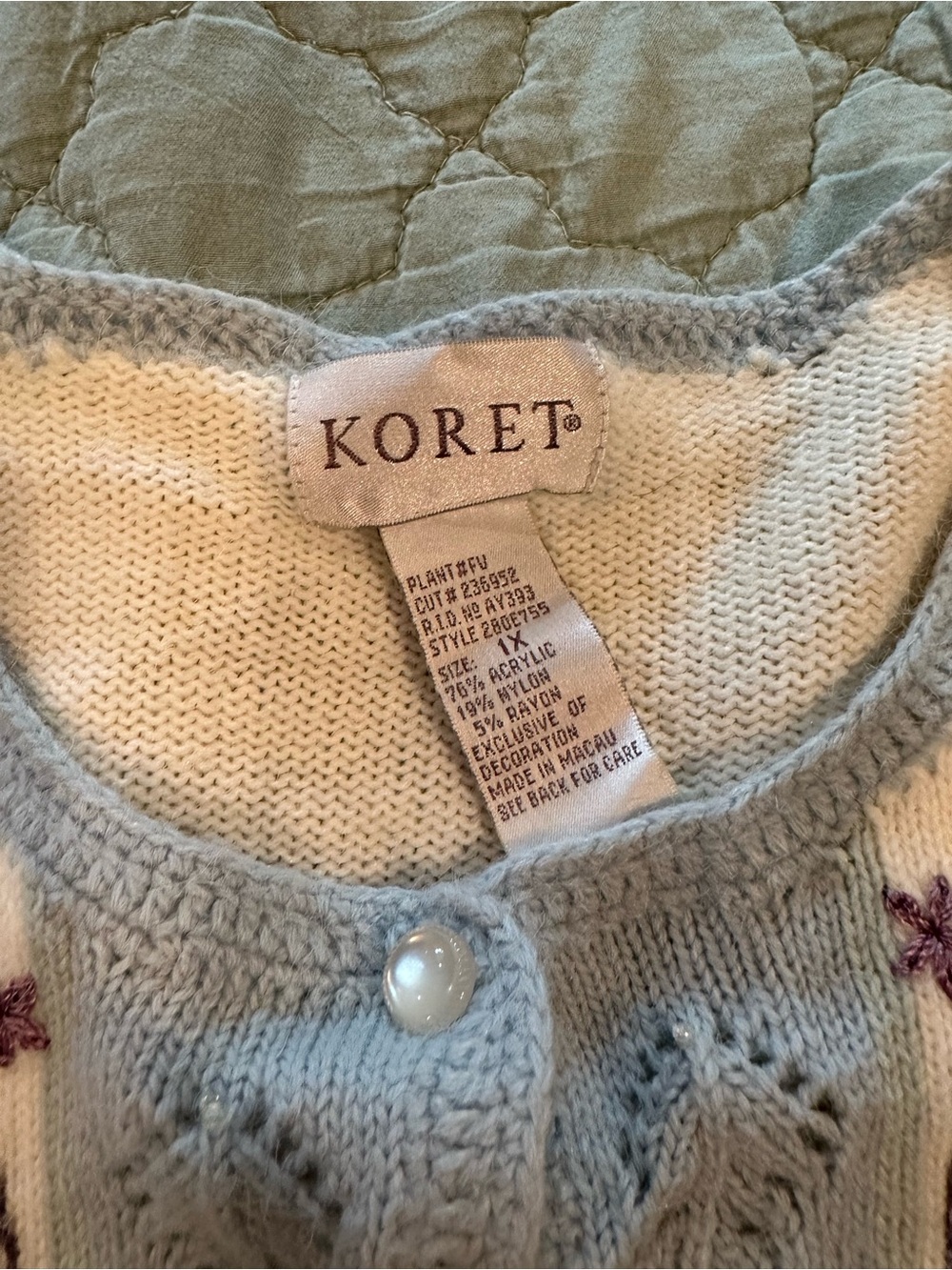 Koret Cream and Light Blue Embroidered Pearl-Button Cardigan - Picture 8 of 9